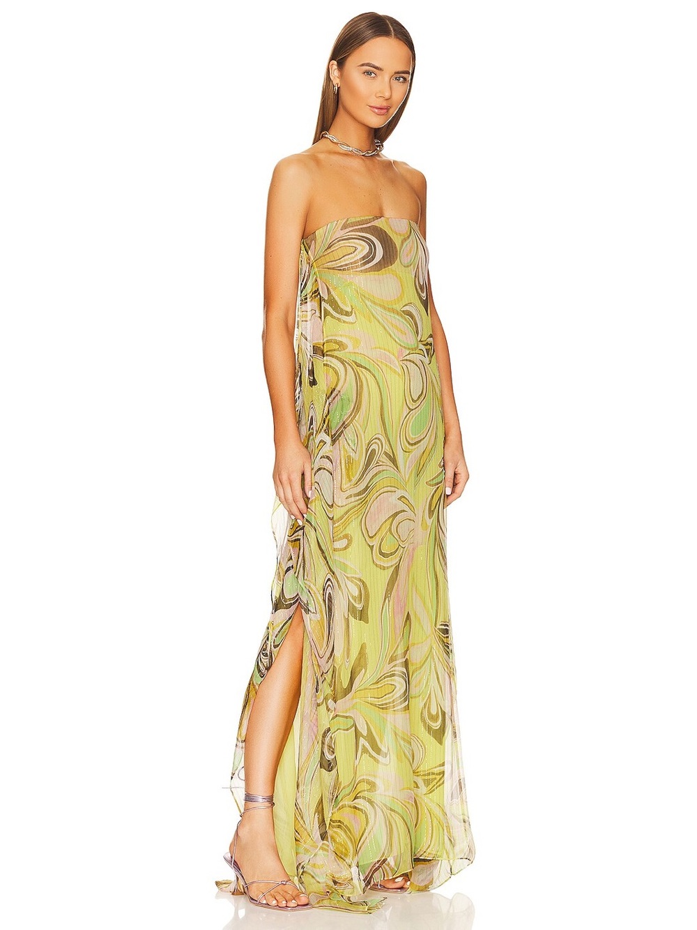 Alexis Cami Print Metallic Strapless Silk Maxi Dress Golden Ethereal Womens S